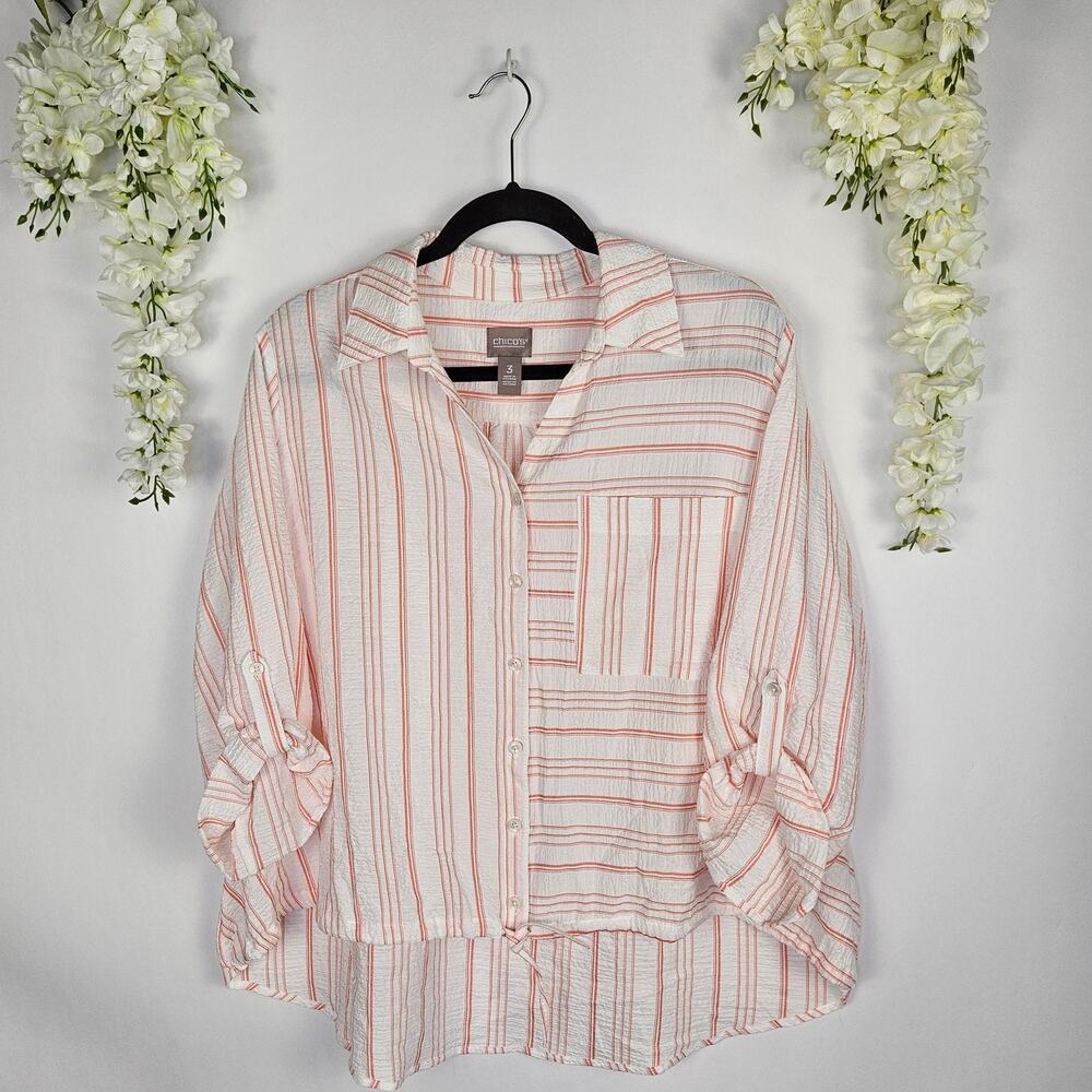 Chico’s Striped Button Up Blouse Pink White Crinkle Size 3 XL Boho Spring Casual